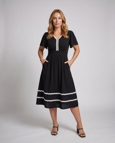 Damen Midikleid Smokbund Volantärmel Zickzackborte