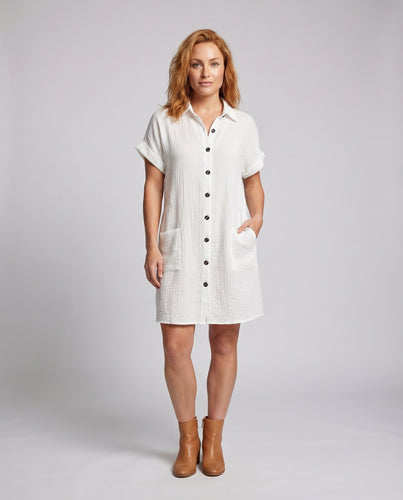 Damen Musselin-Hemdblusenkleid Holzknopf-Leiste Aufgesetzte Taschen A-Linie
