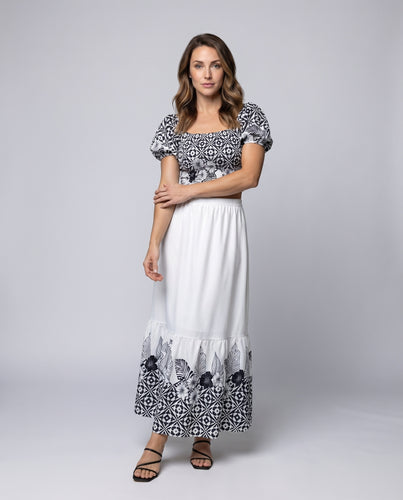 Damen Crop-Set Puffärmel Maxirock Bordürenprint