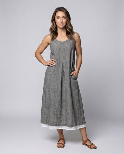 Damen Leinen-Lagenkleid Seitentaschen Crinkle-Struktur Oversize