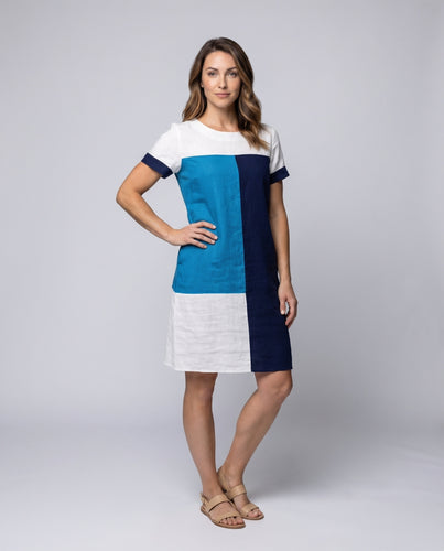 Damen Paneel-Leinenkleid Gerader Schnitt Rundhalsausschnitt Kurzarm