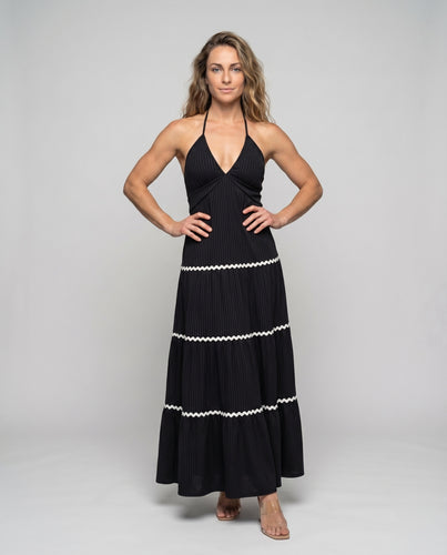 Damen Plissiertes Maxikleid Halterträger Zickzack-Borten V-Ausschnitt