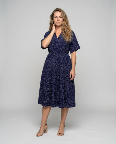 Damen Pünktchen-Midikleid Faux-Wickel Elastische Taille A-Linie
