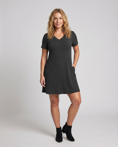 Damen Rippstrick-Kurzarmkleid V-Ausschnitt Ausgestellter Rock Tailliert