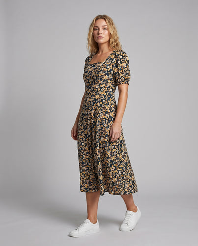 Damen Blumen-Midikleid Ballonärmel Tellerrock Einschubtaschen