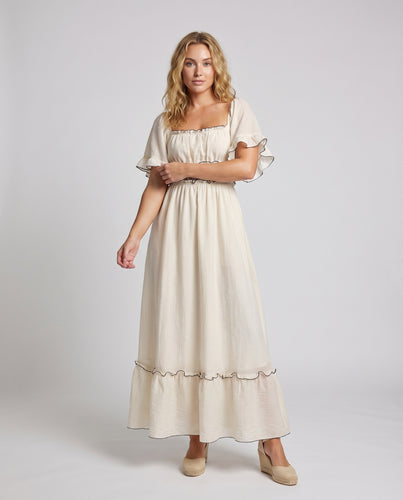 Damen Maxikleid Smokoberteil Volantärmel Rollkante