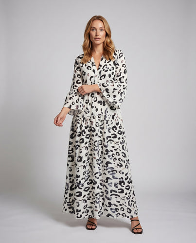 Damen Safari-Maxikleid V-Ausschnitt Knotenband Stufenrock