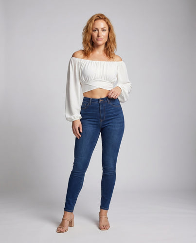 Damen Crop-Top Ballonärmel Wickelbund Schulterfrei