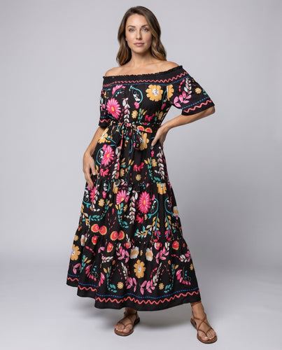 Damen Maxikleid Schulterfrei Stufenvolantrock Bindegürtel