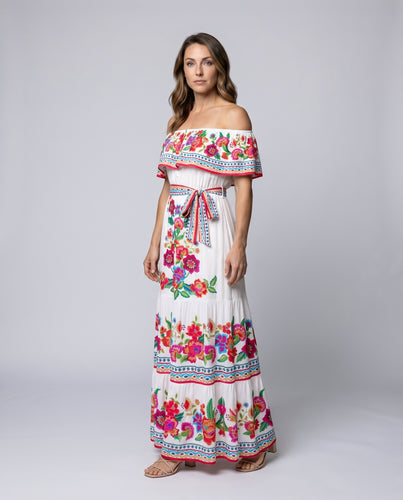 Damen Volant-Maxikleid Blumenstickerei Bindegürtel Schulterfrei