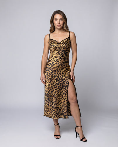 Damen Satin-Midikleid Wasserfall-Ausschnitt Beinschlitz Spaghettiträger