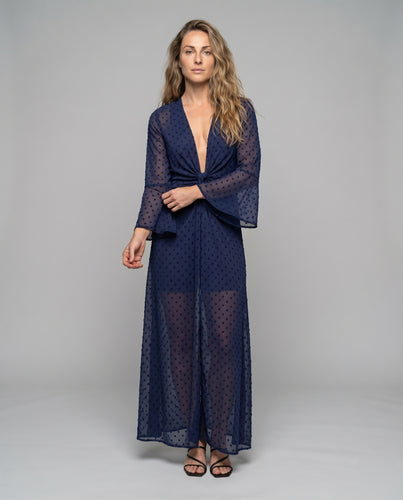 Damen Chiffon-Maxikleid Taillen-Knoten Glockenärmel V-Ausschnitt