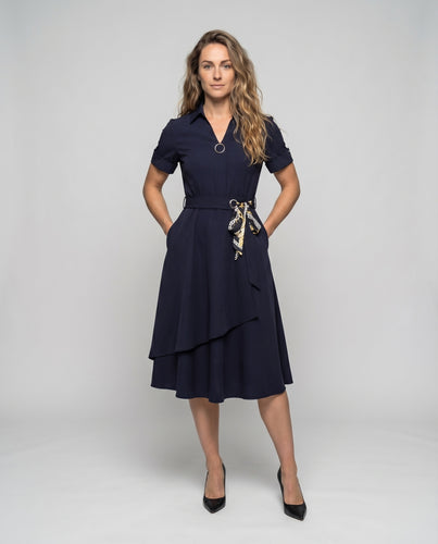 Damen Smartes Midikleid Hemdkragen Lagenrock Tuchgürtel
