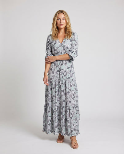 Damen Stufen-Maxikleid Tunnelzug-Taille Geraffte Manschetten V-Ausschnitt