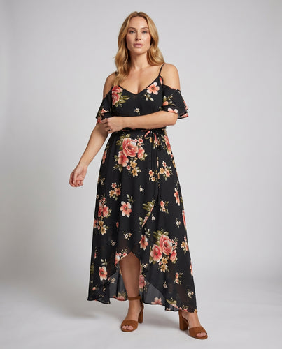 Damen Maxikleid Cut-Out-Schultern Wickel-Volantfront Bindegürtel