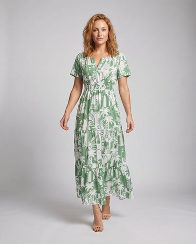 Damen Maxikleid Palmen-Print Stufenvolantrock V-Ausschnitt