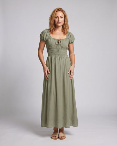 Damen Maxikleid Puffärmel Empire-Taille Quadratischer Ausschnitt
