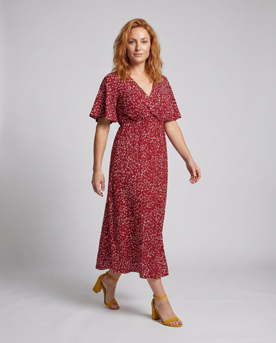 Damen Maxikleid Wickeloberteil Elastik-Taille Volantärmel