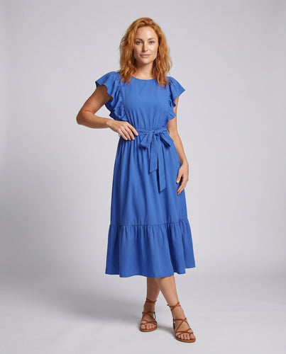 Damen Midikleid Rüschenärmel Bindegürtel Stufensaum