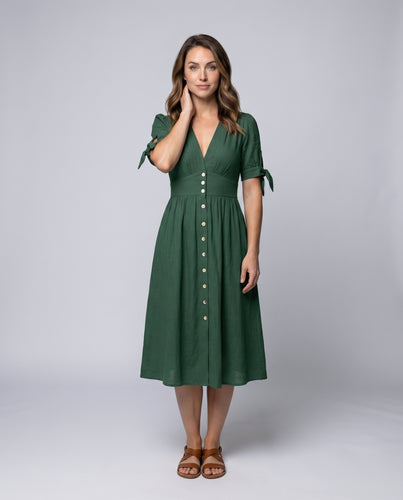 Damen Midikleid Leinenlook Knopfleiste Ärmelschleifen V-Ausschnitt