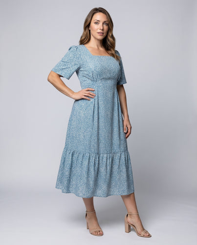 Damen Midikleid Carré-Ausschnitt Brustabnäher Tellerrock