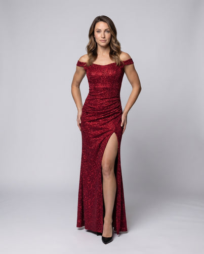 Damen Abendkleid Beinschlitz Glitzeroptik Schulterfrei