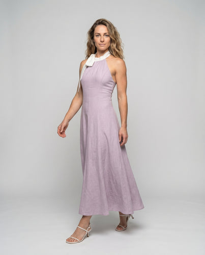 Damen Halter-Maxikleid Leinenoptik Hals-Schleifenband Ausgestellt