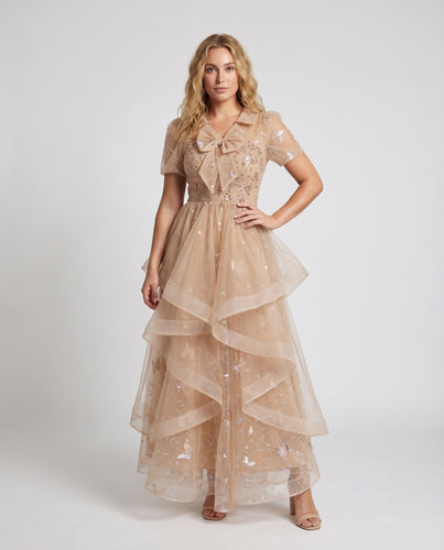 Damen Tüllballkleid Rüschenstufen Voluminöse Ärmel Zierschleife