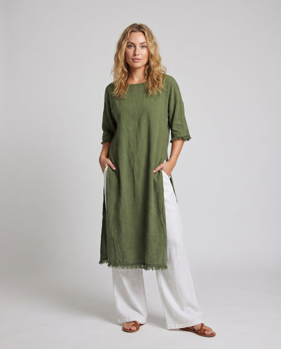 Damen Leinen-Tunika Fransensaum Lockere Silhouette Weit