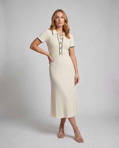 Damen Polokleid Rippenstrick Zierknopfleiste Midilänge