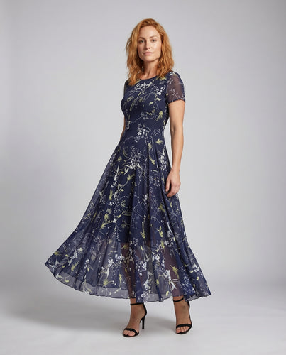 Damen Chiffon-Maxikleid Florales Muster Kurzarm A-Linie