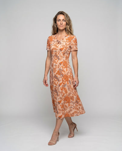 Damen Midikleid Ornamentdruck V-Ausschnitt A-Linie