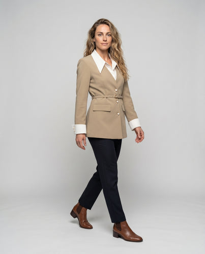 Damen Blazer Kontrastkragen Perlenknöpfe Taillengürtel
