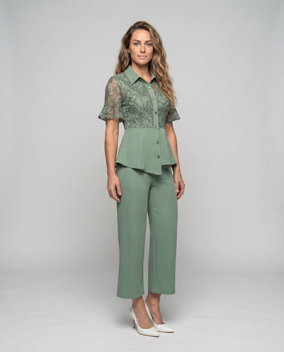 Damen Zweiteiler Set Schößchen-Bluse Marlenehose Tailliert