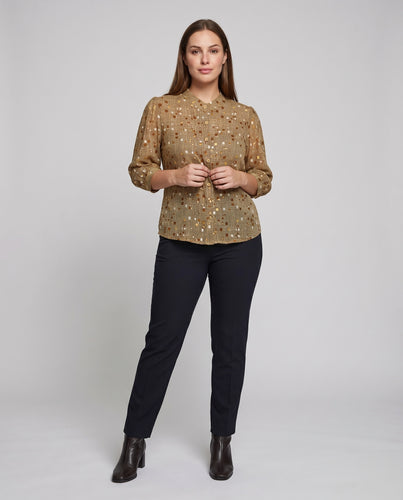 Damen Chiffonbluse Stehkragen Geraffte Schultern Elegant