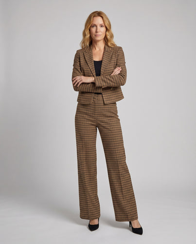 Damen Karierter Hosenanzug Kurzer Blazer Weites Bein