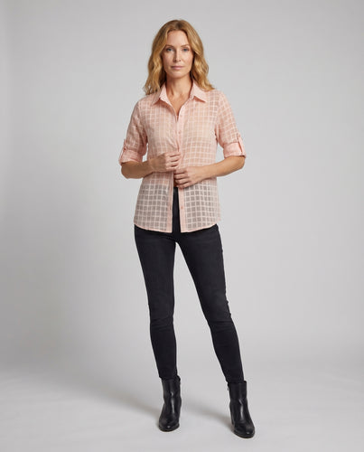 Damen Karierte Longbluse Krempelärmel Hemdkragen Transparent