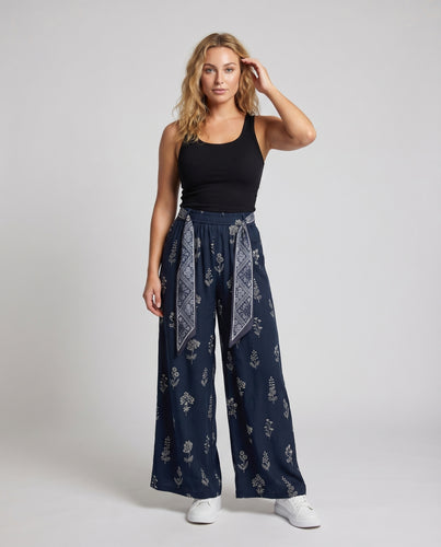 Damen Baumwoll-Leinenhose Floraler Print Bindegürtel Weit