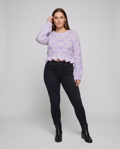 Damen Mohairpullover Volantbund Blütenapplikationen Kurz