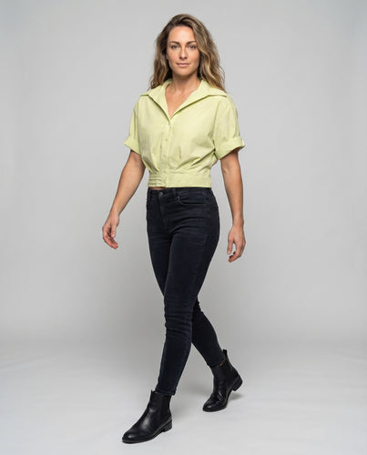 Damen Kurzbluse Matrosenkragen Puffärmel Tailliert