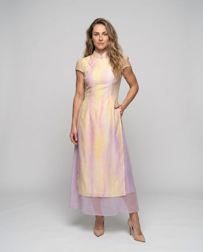 Damen Cheongsam-Maxikleid Mandarinkragen Puffärmel Stufenvolant