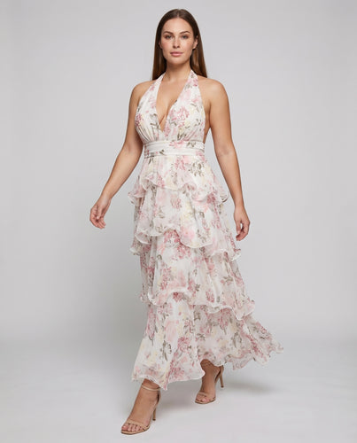 Damen Maxikleid Blumenprint Volants V-Ausschnitt