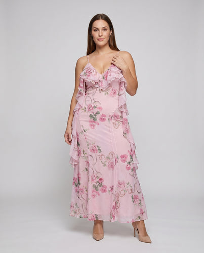 Damen Maxikleid Volantbesatz Schmale Träger Floraler Print
