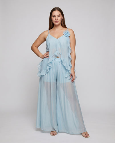 Damen Maxikleid Asymmetrische Volants Blüten-Applikation Luftig