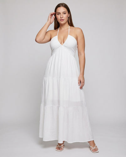 Damen Neckholder-Maxikleid Stufenrock V-Ausschnitt Luftig