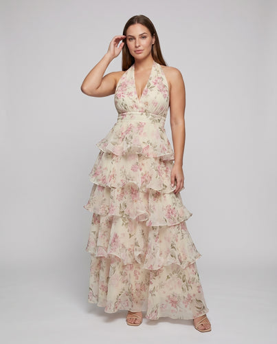 Damen Stufenvolant Maxikleid Chiffonlagen Bindeband am Nacken