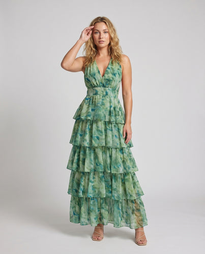 Damen Maxikleid Stufenrüschen Bindegürtel V-Ausschnitt