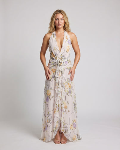 Damen Neckholder-Maxikleid Chiffon Rüschen Taillenschleife