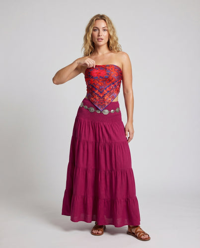 Damen Boho-Maxikleid Bandeau-Oberteil Stufenrock Schulterfrei
