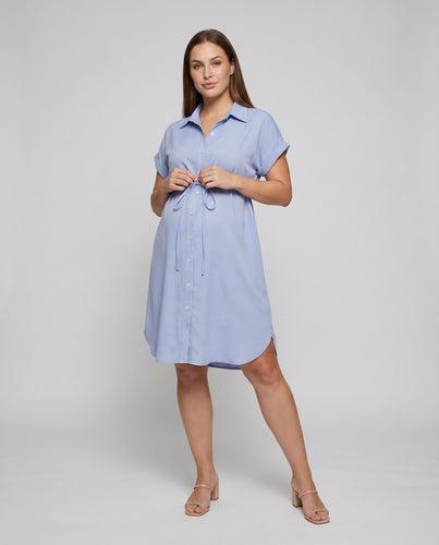 Damen Umstands-Hemdkleid Tunnelzug Knopfleiste Hemdblusenkragen